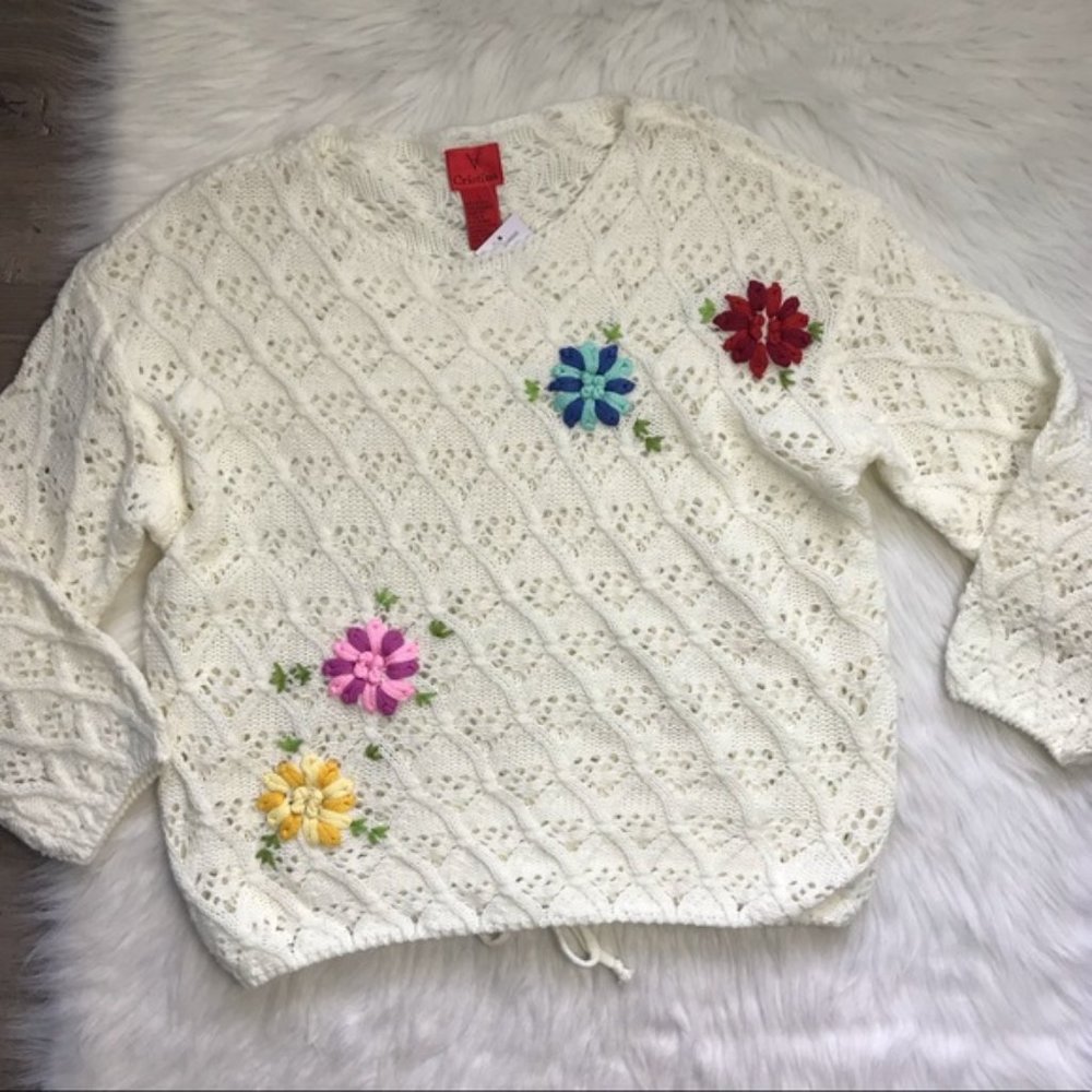 Christina grandma crochet knit floral cropped sweater L